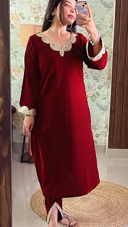 Wine Red Velvet Party Wear Kurta Set