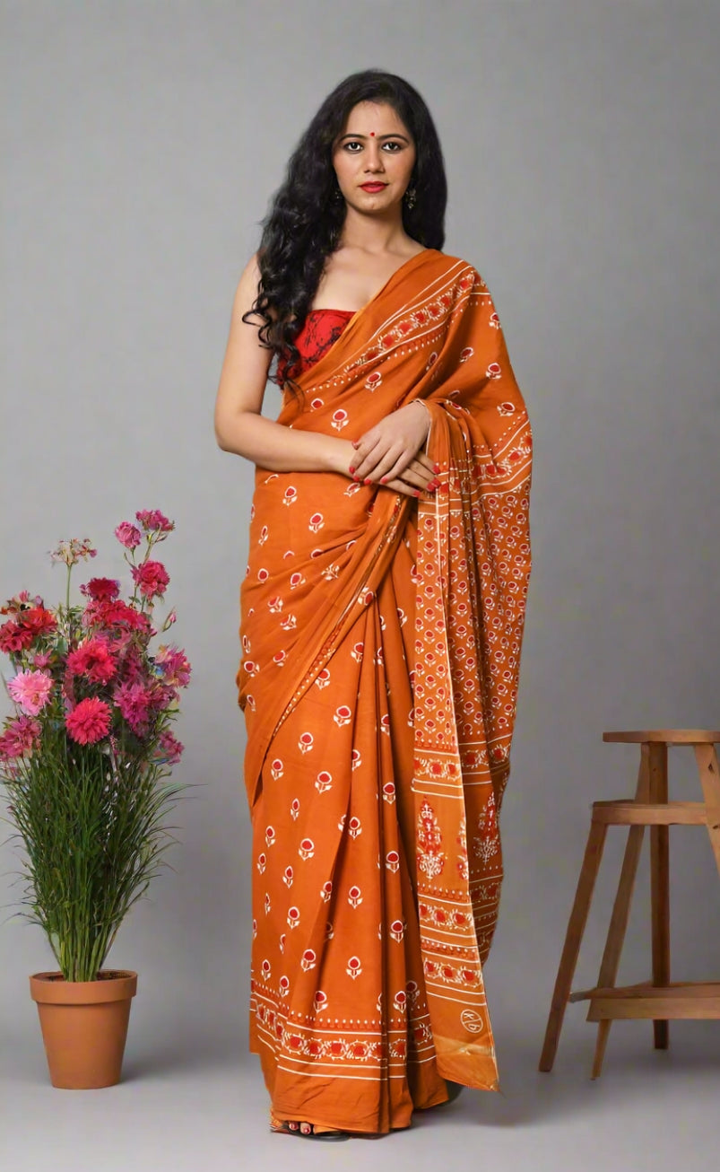 Pure Cotton Hand Printed Mulmul Saree