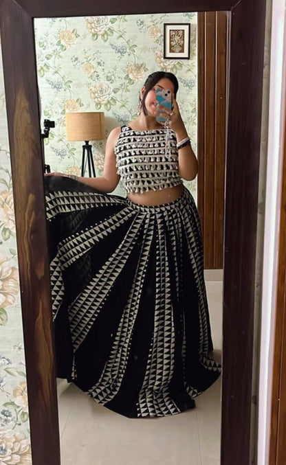 Indo-Western Geometric Print Crop Top and Kali Flared Skirt