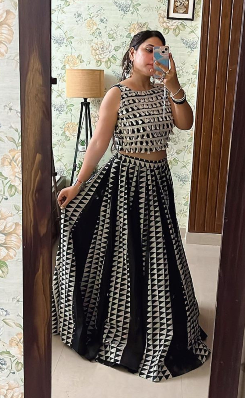 Indo-Western Geometric Print Crop Top and Kali Flared Skirt