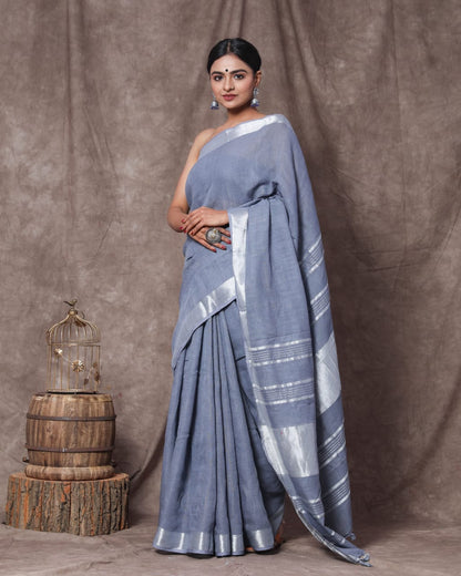 Pure Cotton Linen Solid Plain Saree