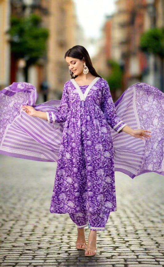 Lavender Cotton Kurta Set With Printed Dupatta