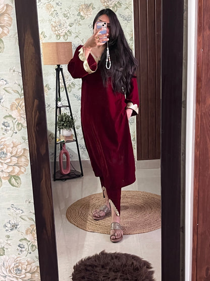 Wine Red Velvet Party Wear Kurta Set