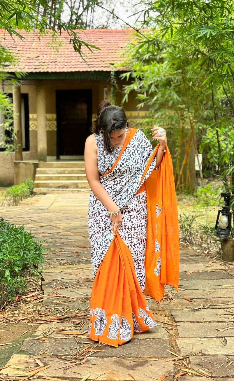 Pure Cotton Hand Printed Mulmul Saree