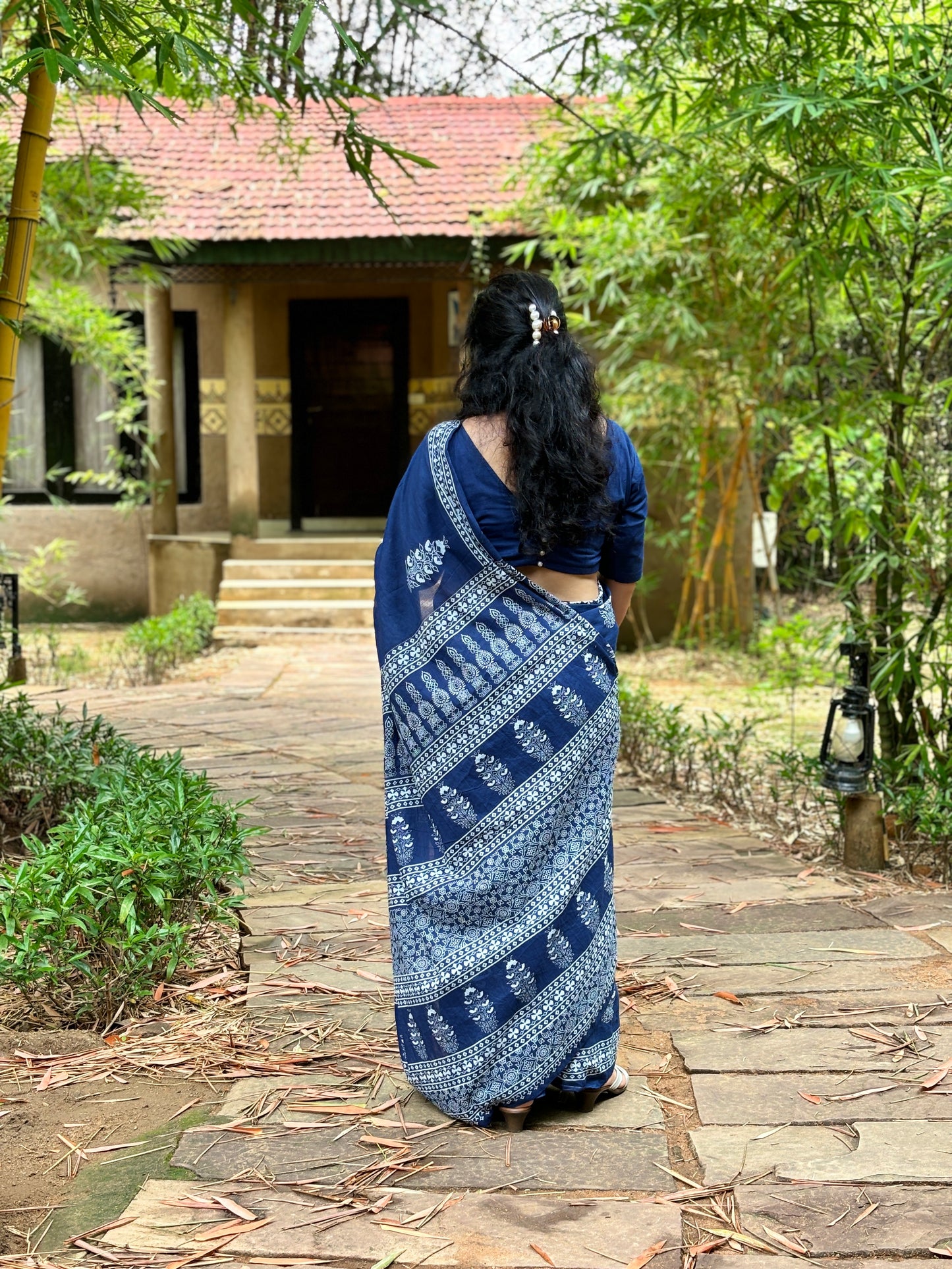 Pure Cotton Hand Indigo Blue Printed Mulmul Saree