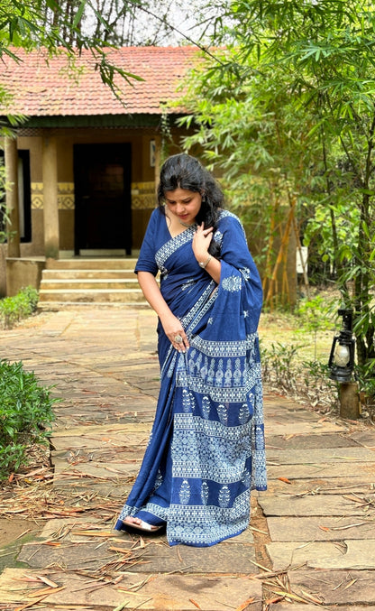 Pure Cotton Hand Indigo Blue Printed Mulmul Saree