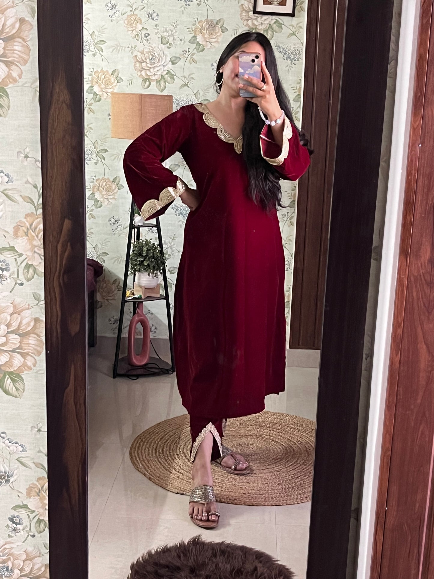 Wine Red Velvet Party Wear Kurta Set