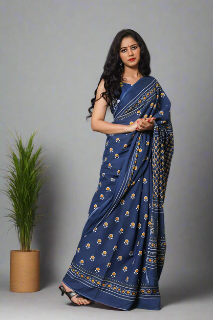 Pure Cotton Hand Printed Mulmul Saree