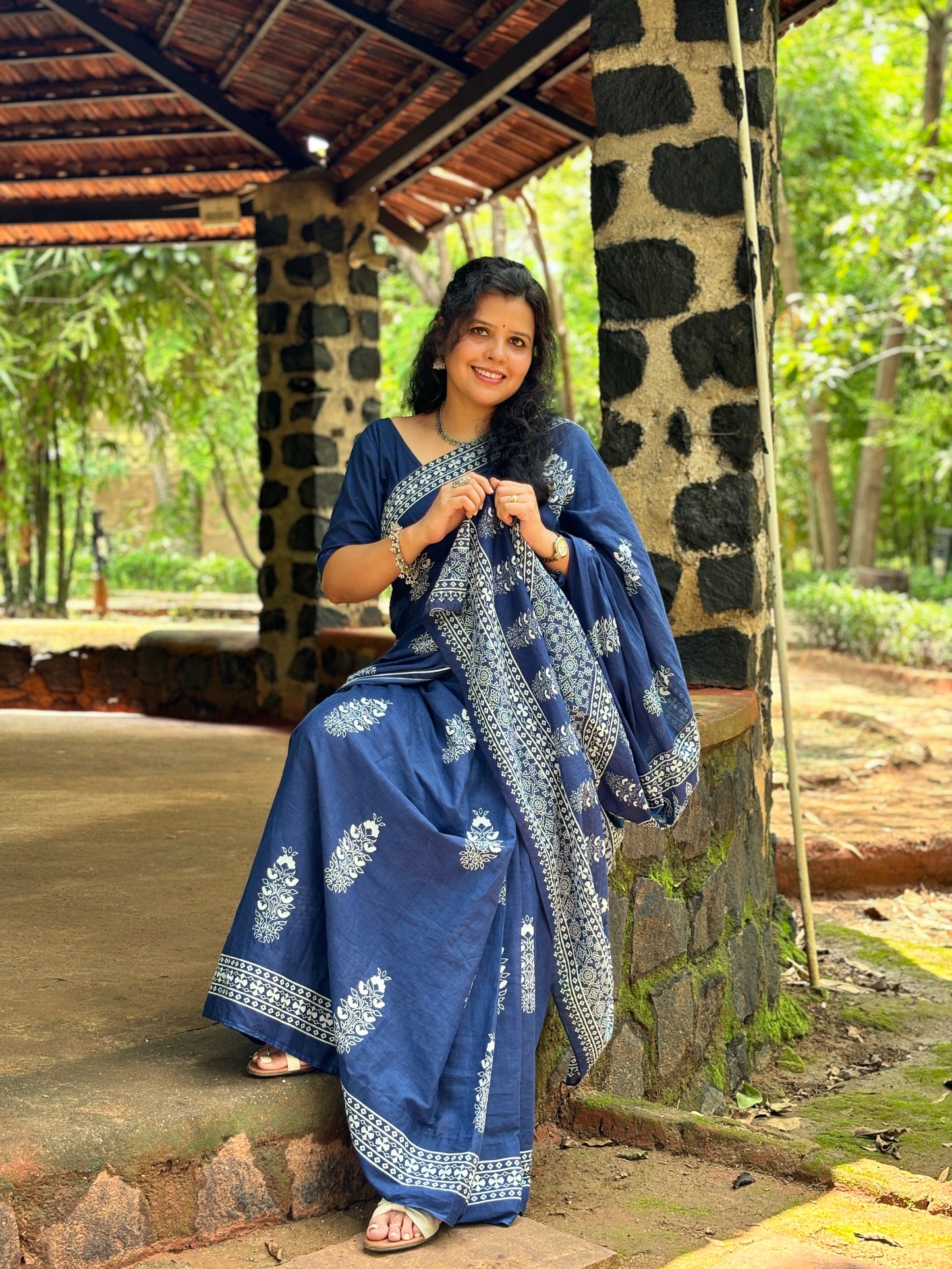 Pure Cotton Hand Indigo Blue Printed Mulmul Saree