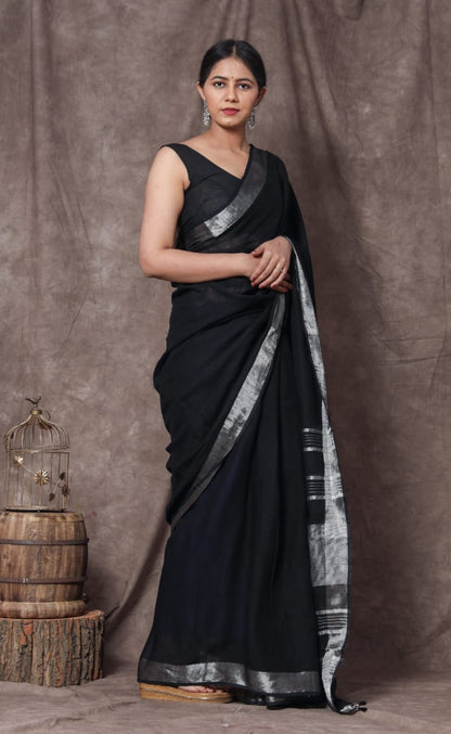 Pure Cotton Linen Solid Plain Saree