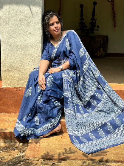 Pure Cotton Hand Indigo Blue Printed Mulmul Saree