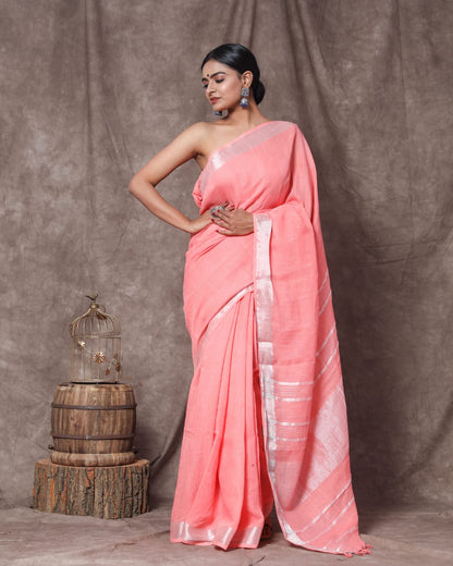 Pure Cotton Linen Solid Plain Saree