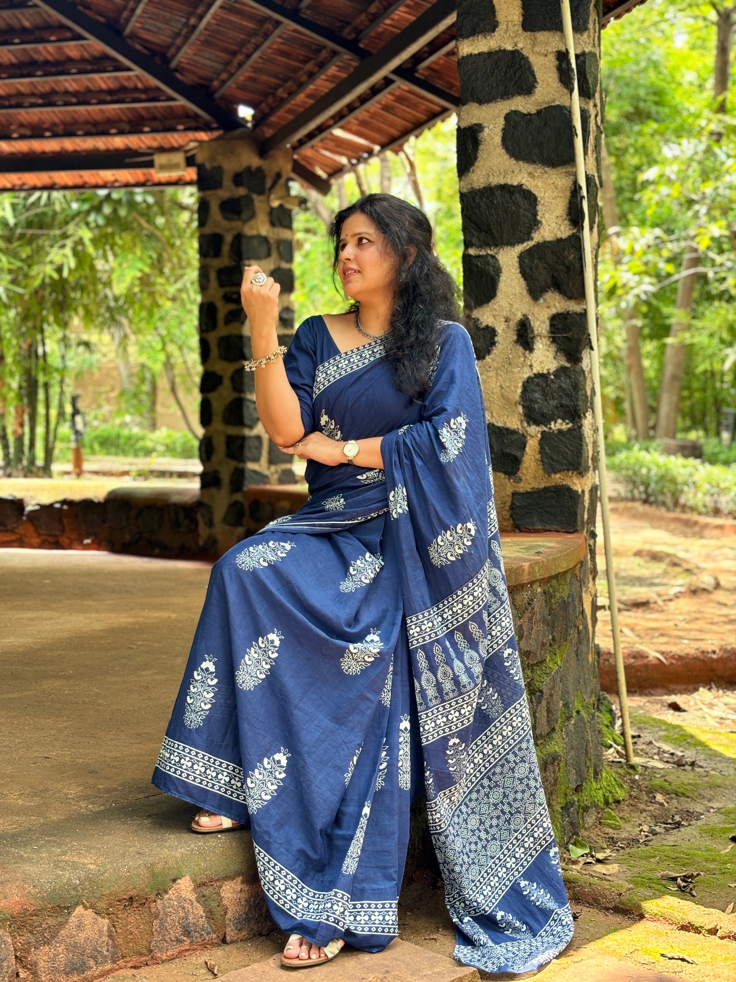 Pure Cotton Hand Indigo Blue Printed Mulmul Saree