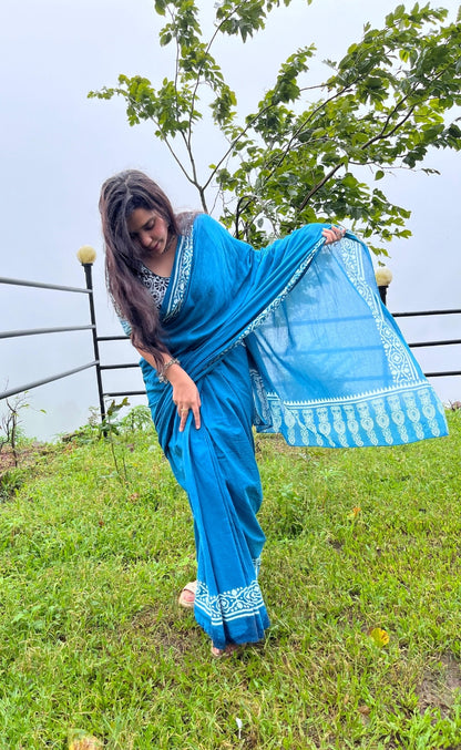 Pure Cotton Hand Printed Powder Blue Mulmul Saree