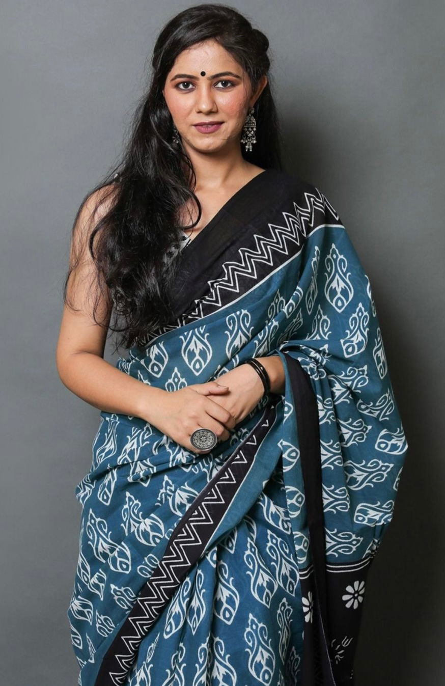 Pure Cotton Indigo Blue Hand Printed Mulmul Saree