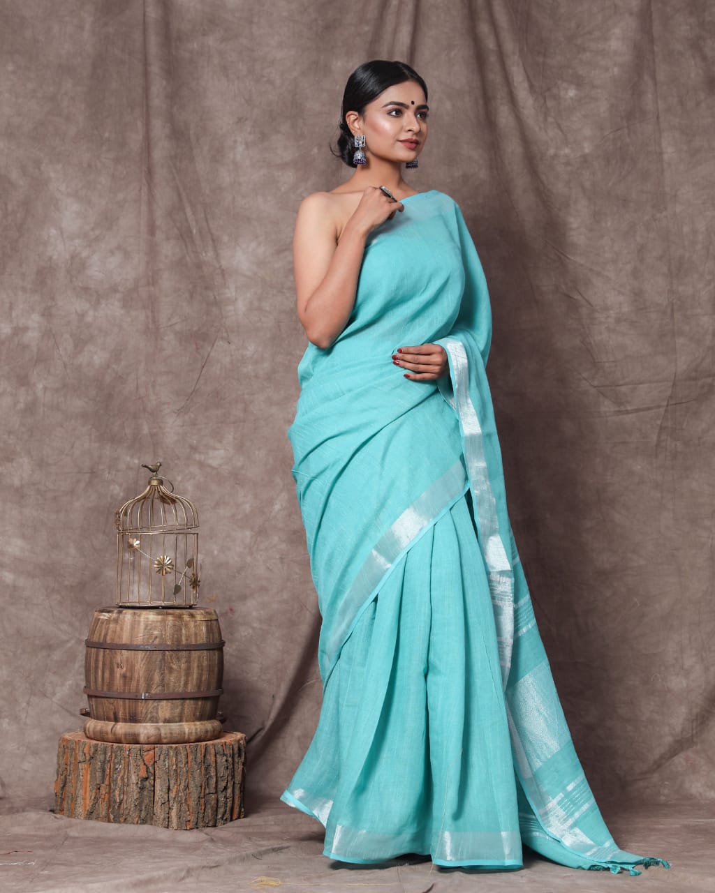 Pure Cotton Linen Solid Plain Saree