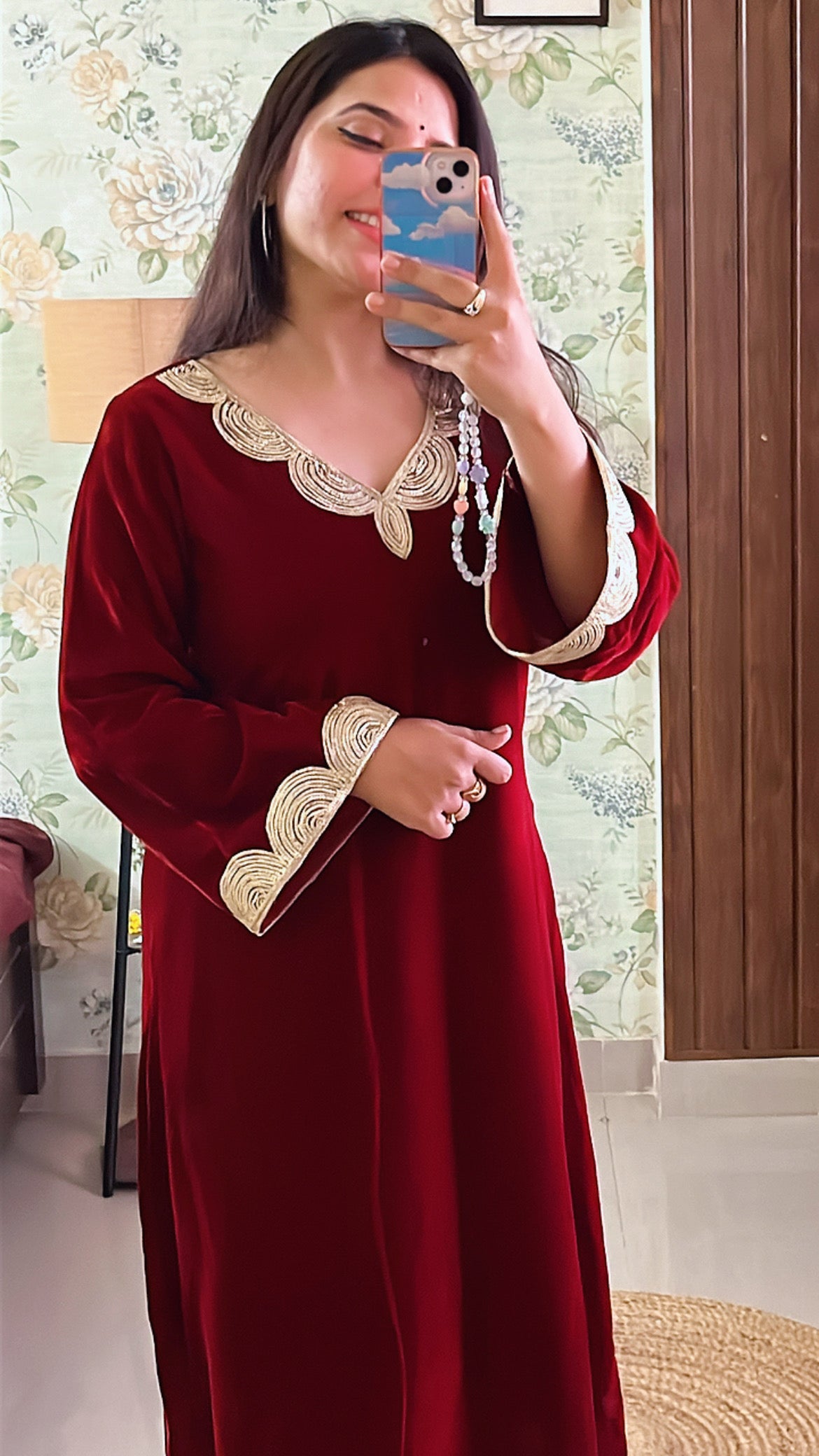 Wine Red Velvet Party Wear Kurta Set