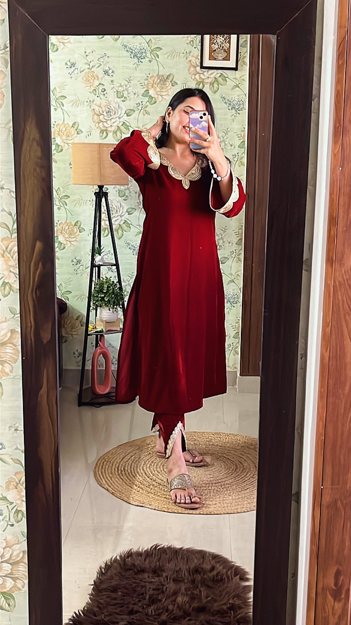 Wine Red Velvet Party Wear Kurta Set