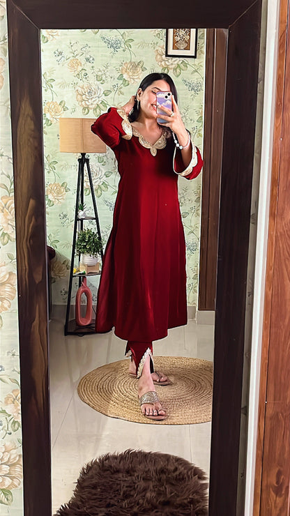 Wine Red Velvet Party Wear Kurta Set