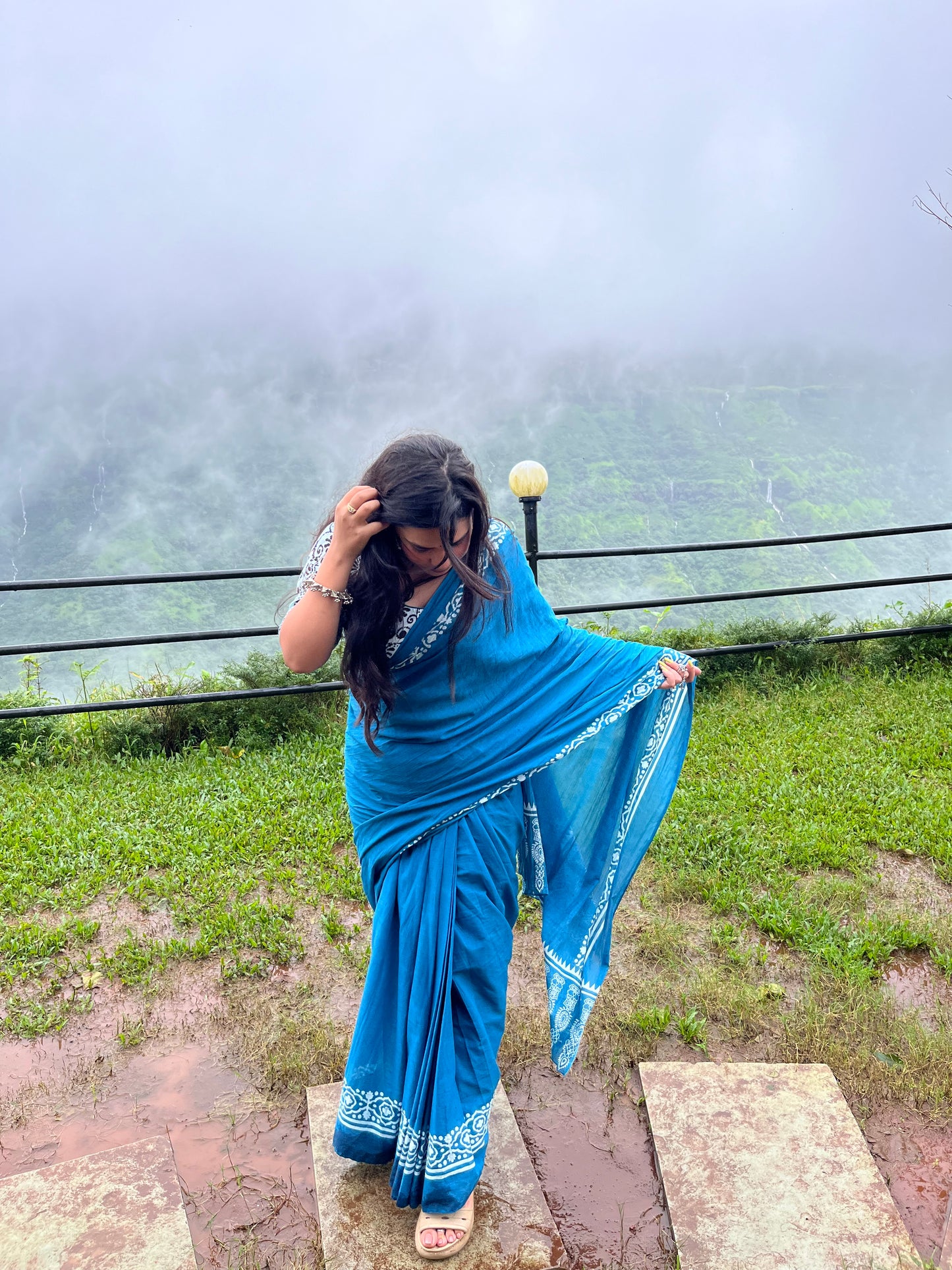 Pure Cotton Hand Printed Powder Blue Mulmul Saree