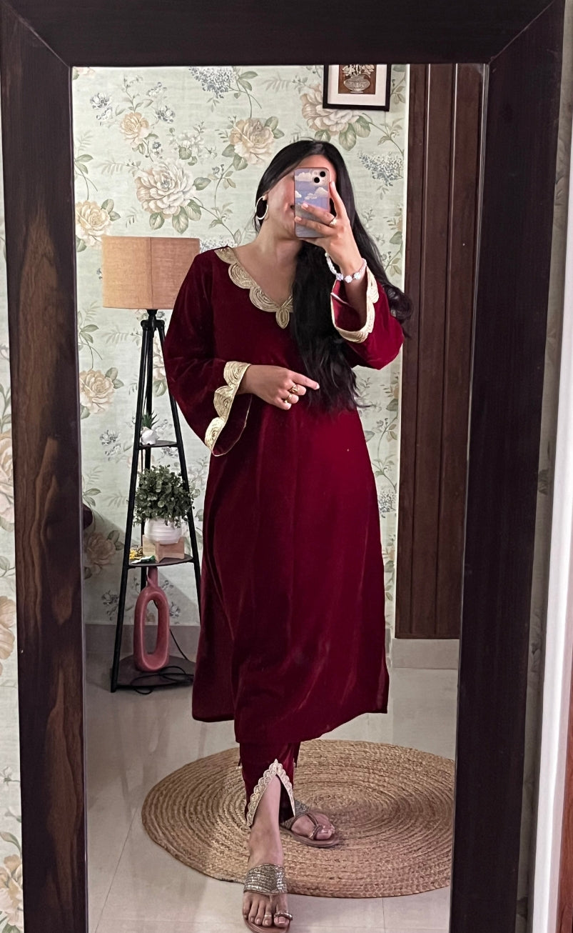 Wine Red Velvet Party Wear Kurta Set