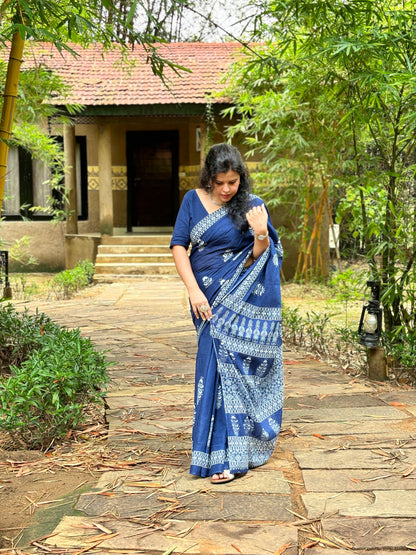 Pure Cotton Hand Indigo Blue Printed Mulmul Saree