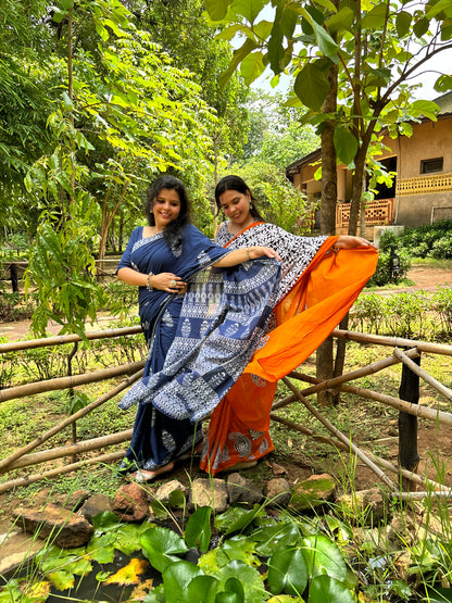 Pure Cotton Hand Indigo Blue Printed Mulmul Saree