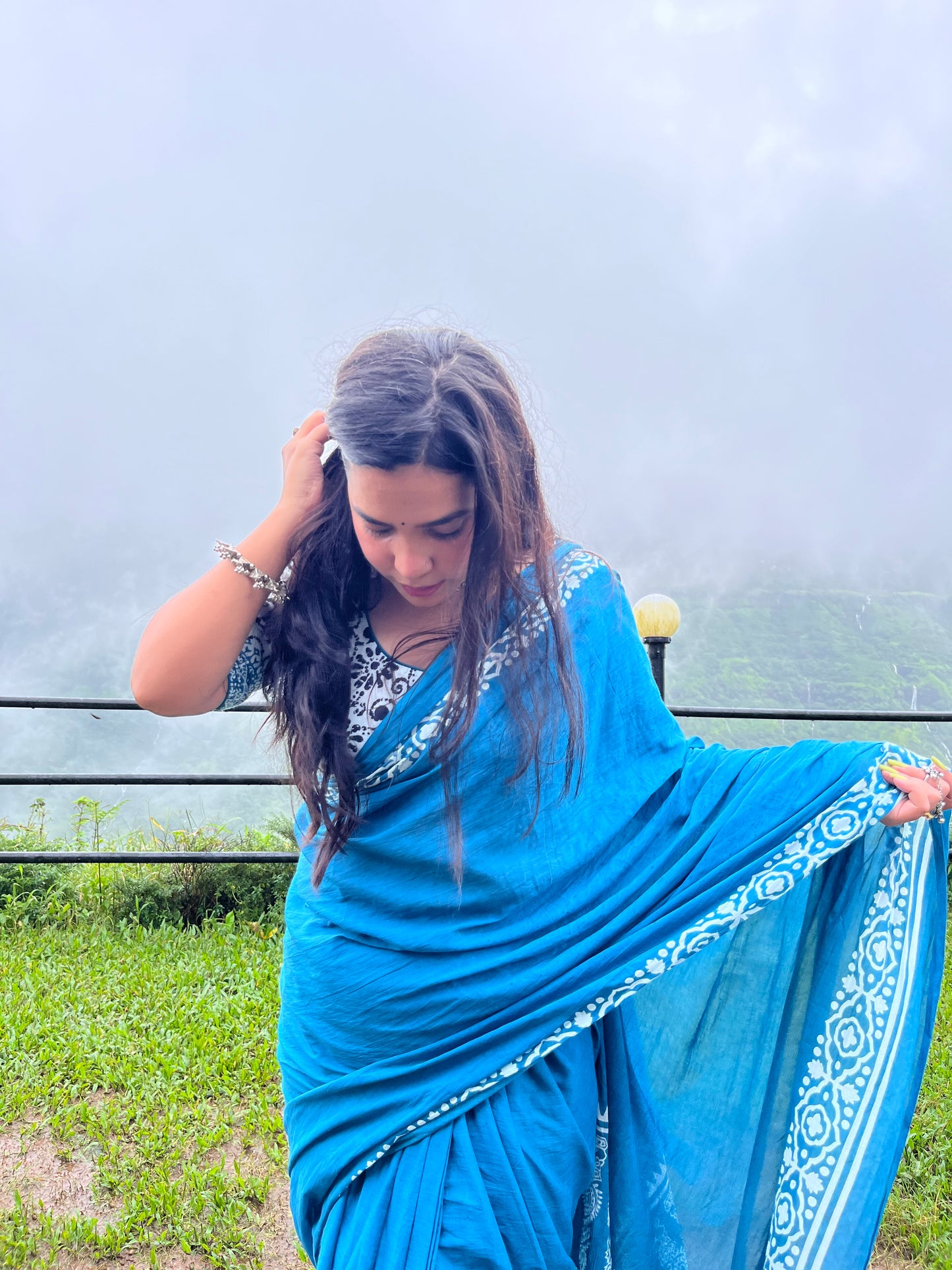 Pure Cotton Hand Printed Powder Blue Mulmul Saree