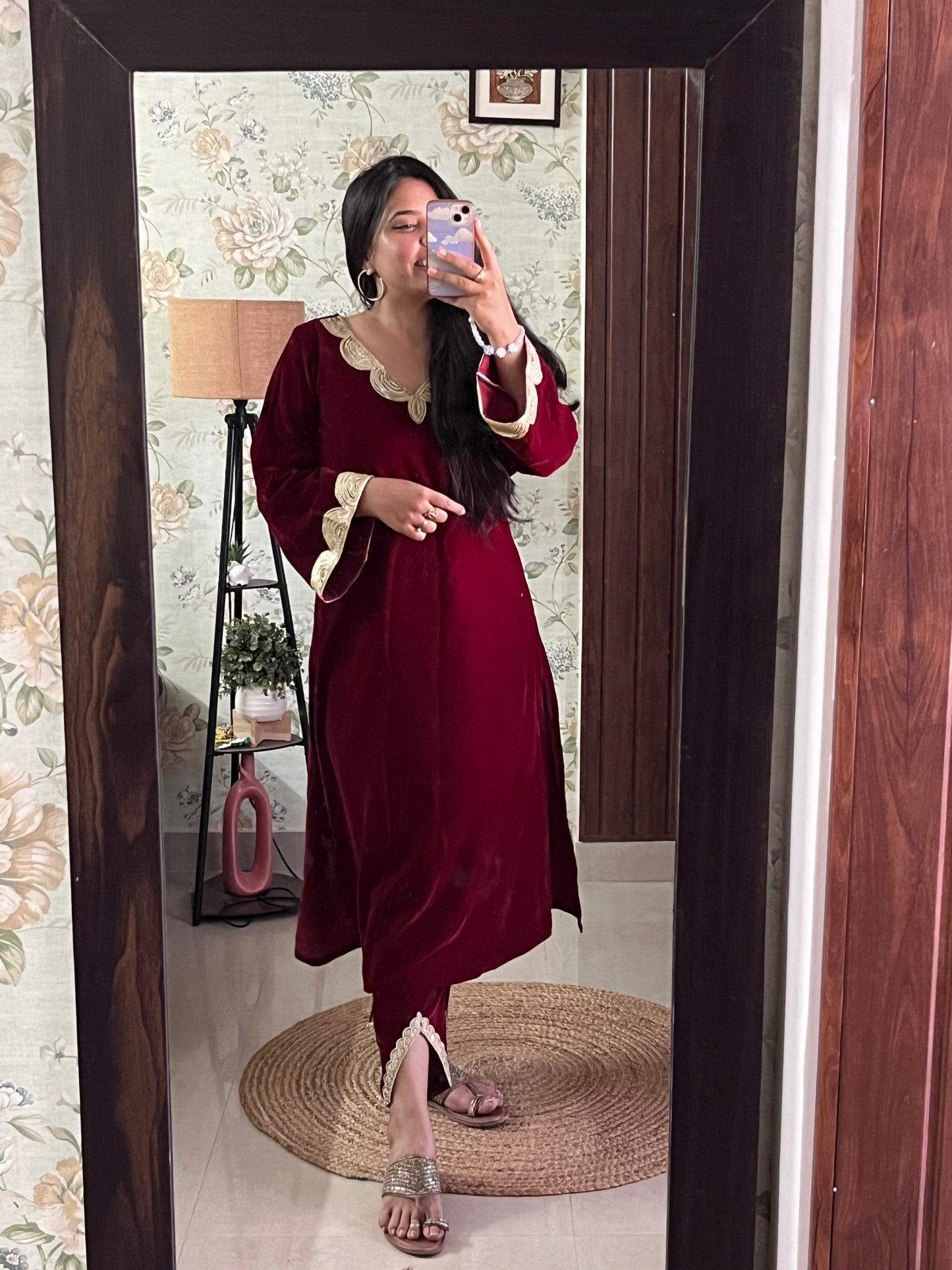 Wine Red Velvet Party Wear Kurta Set