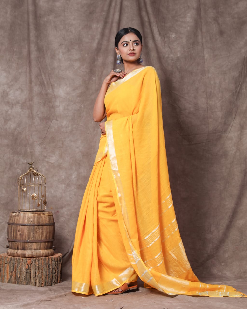 Pure Cotton Linen Solid Plain Saree