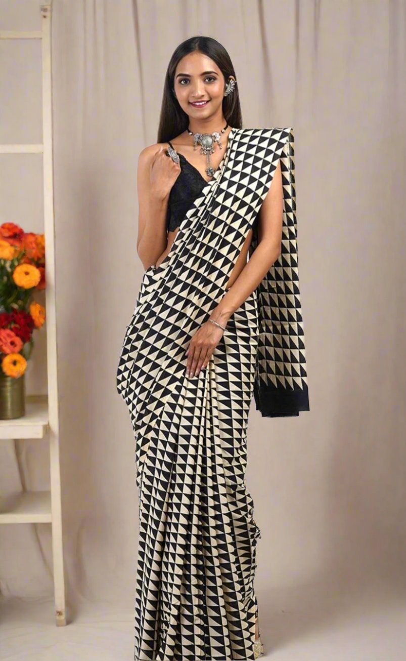 Pure Cotton Black Hand Printed Mulmul Saree