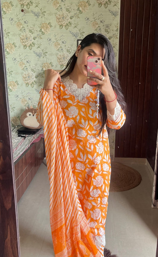 Tangerine Orange Cotton Kurta Set With Mulmul Dupatta