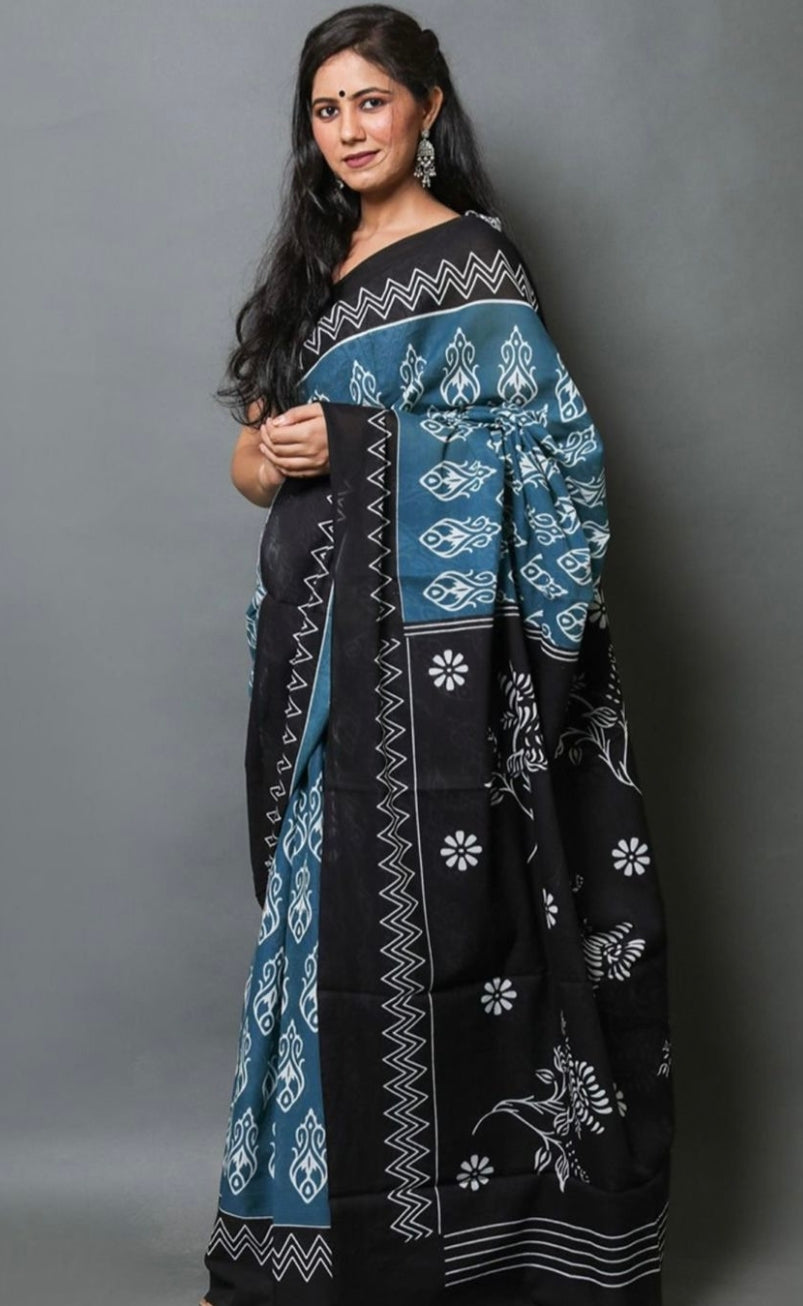 Pure Cotton Indigo Blue Hand Printed Mulmul Saree